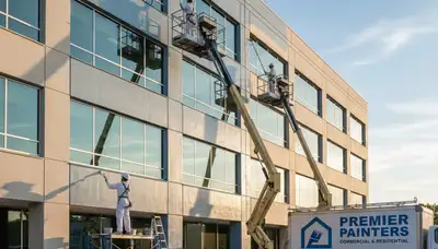 Professional commercial painters in Boulder CO applying weather-resistant exterior paint to office building