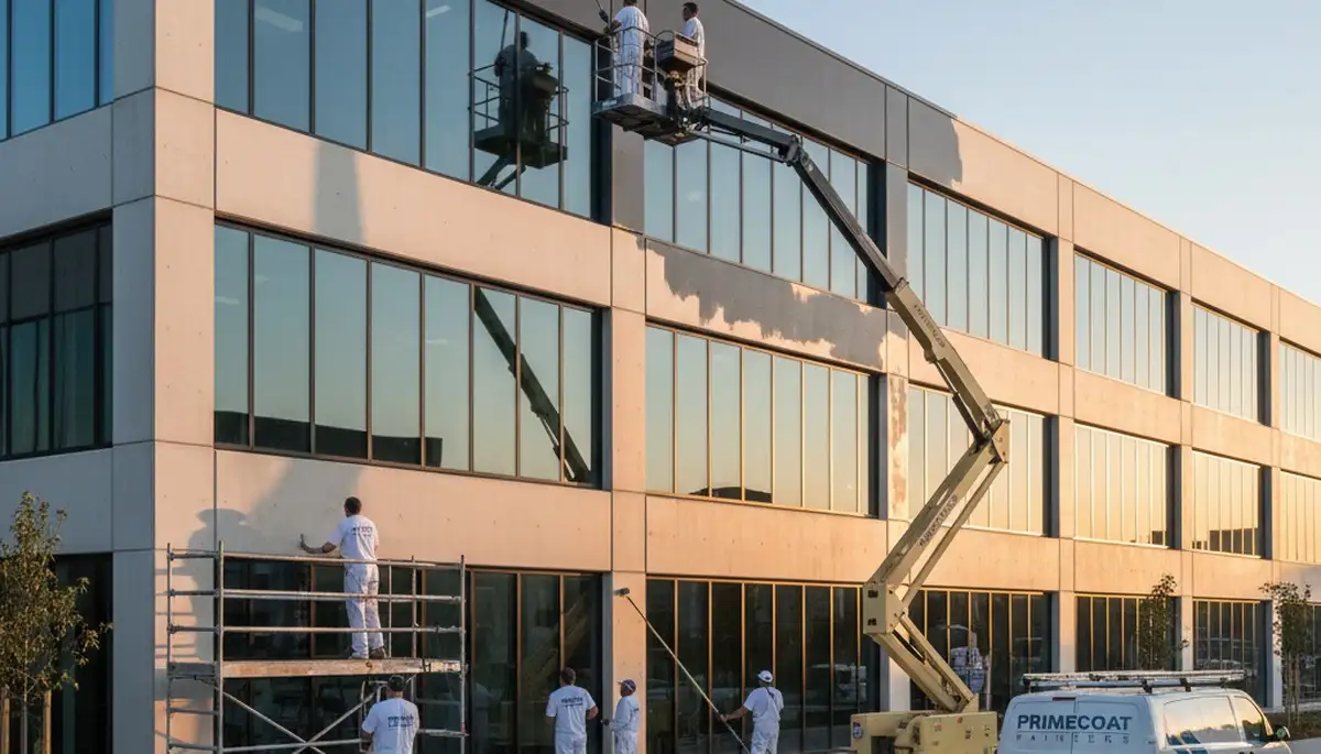 Professional commercial painters in Boulder, CO applying durable exterior paint to business building