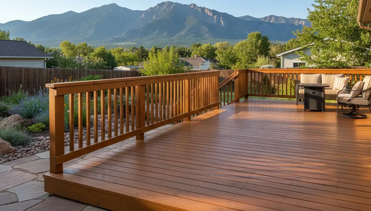 Finished deck staining in Boulder, CO showcasing restored wood finish and weather-resistant protection