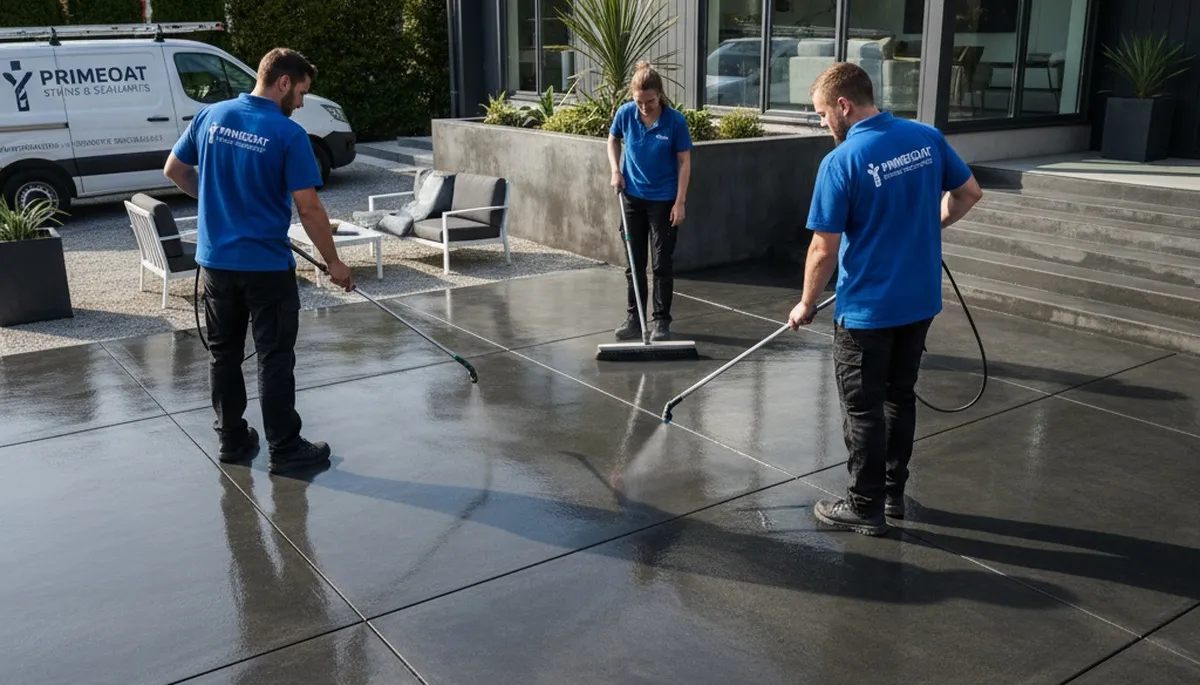 Concrete staining contractors applying decorative finish to patio in Boulder, CO