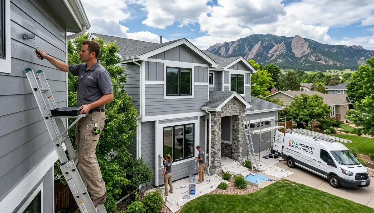 Professional house painters working on Boulder CO home exterior repaint project