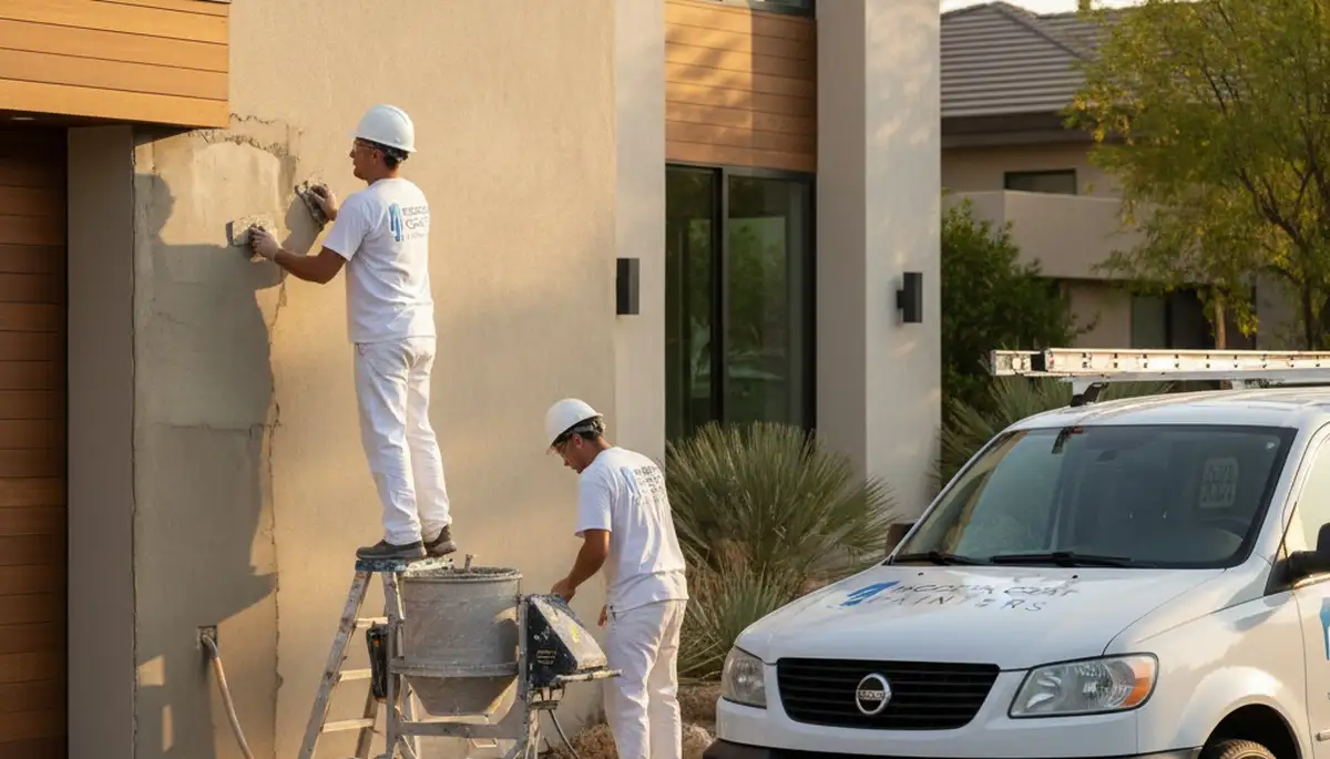 Professional stucco repair on Boulder CO home exterior by expert painters restoring cracked siding