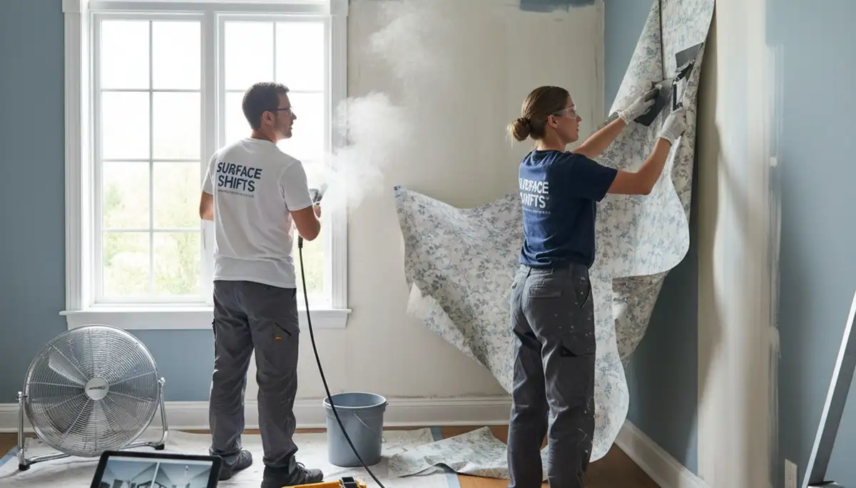 Professional wallpaper removal in Boulder, CO home with painters stripping old wallpaper safely